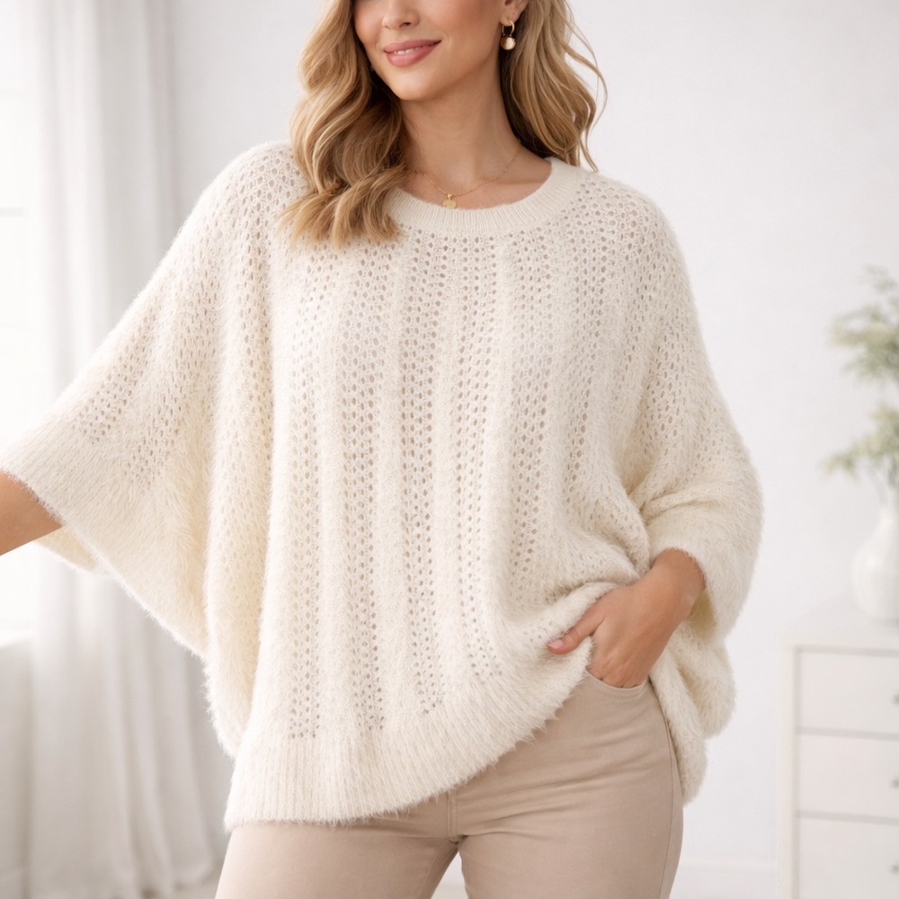 Investments Open Knit Fuzzy Dolman Sleeve Sweater Poncho Ivory L